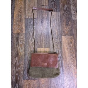 Jane Marie Brown Leather Olive Suede Crossbody Bag Whipstitch Chain Strap Womens